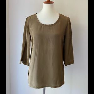 Lovely 100% silk olive green J Crew blouse with raw edges and 3/4 length sleeves